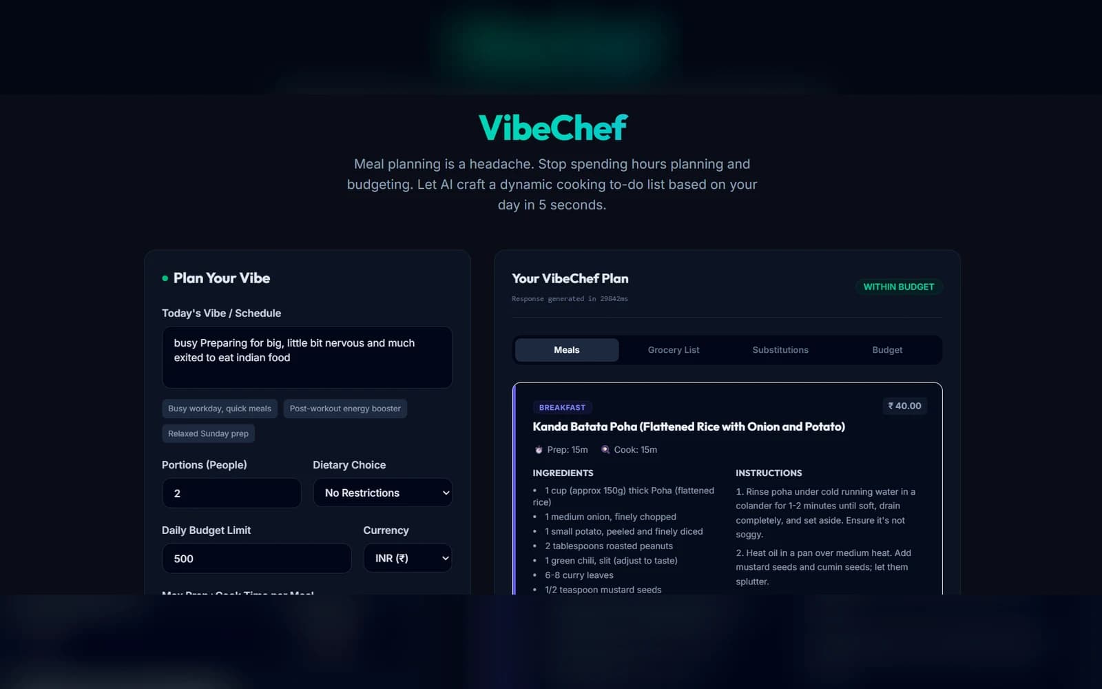 VibeChef — AI Meal & Budget Planner screenshot